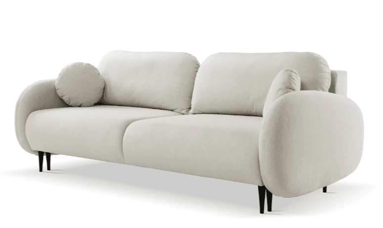 A modern upholstered sofa with a light beige fabric covering. It features a two-seat design with plu… — free OBJ 3D model
