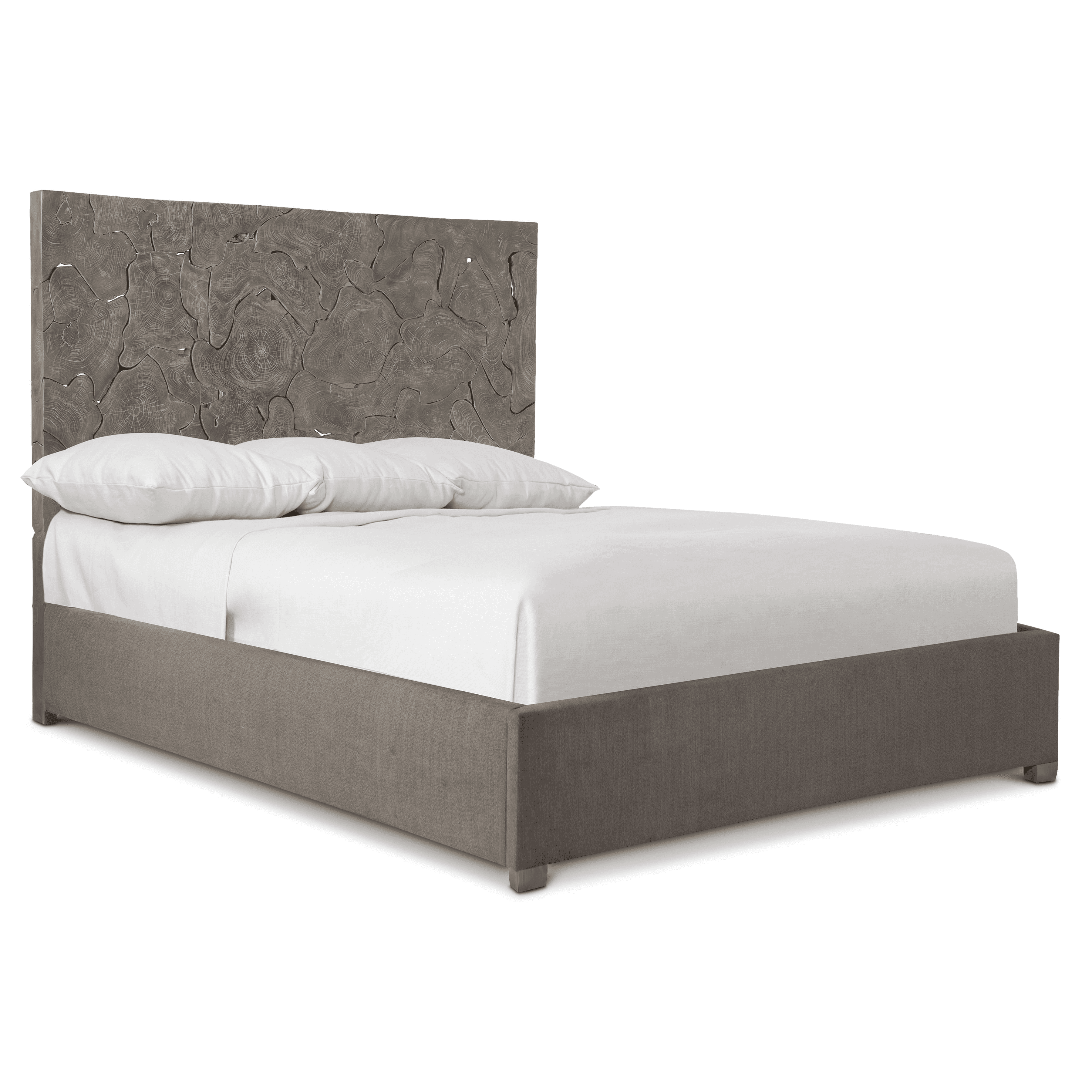 A king-size bed with a distinctive headboard featuring a mosaic of wood slices with visible grain pa… — 3D model