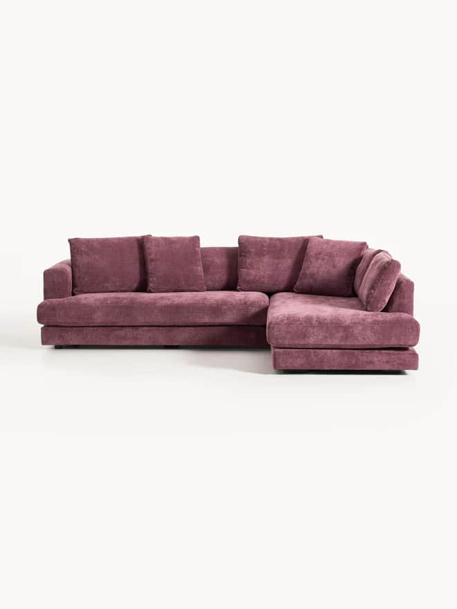 A modern sectional sofa upholstered in a rich plum-colored velvet-like fabric, featuring a left-hand… — 3D model