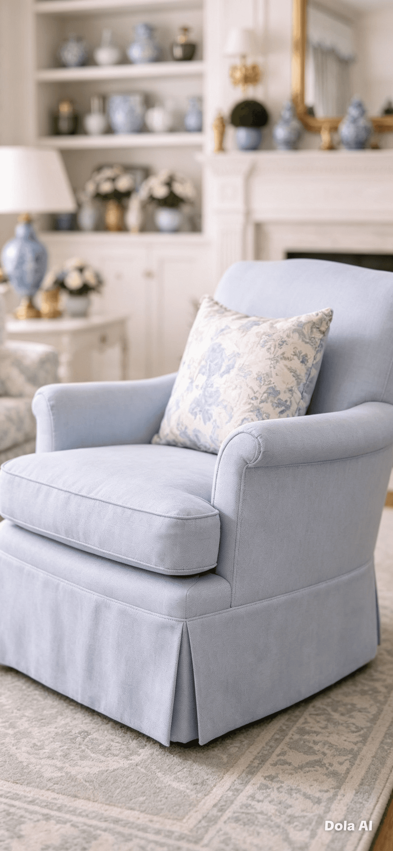 A light blue upholstered armchair featuring a skirted base, rolled arms, and a separate seat cushion… — 3D model