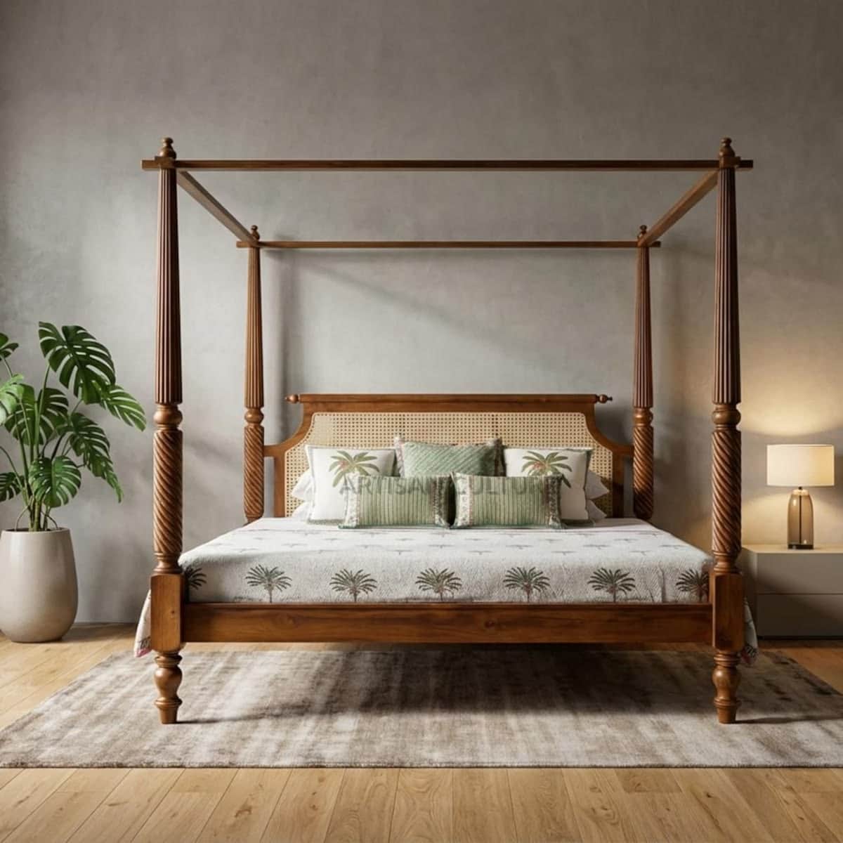 A wooden four-poster bed featuring a canopy frame and a cane rattan headboard. The bed has turned po… — 3D model
