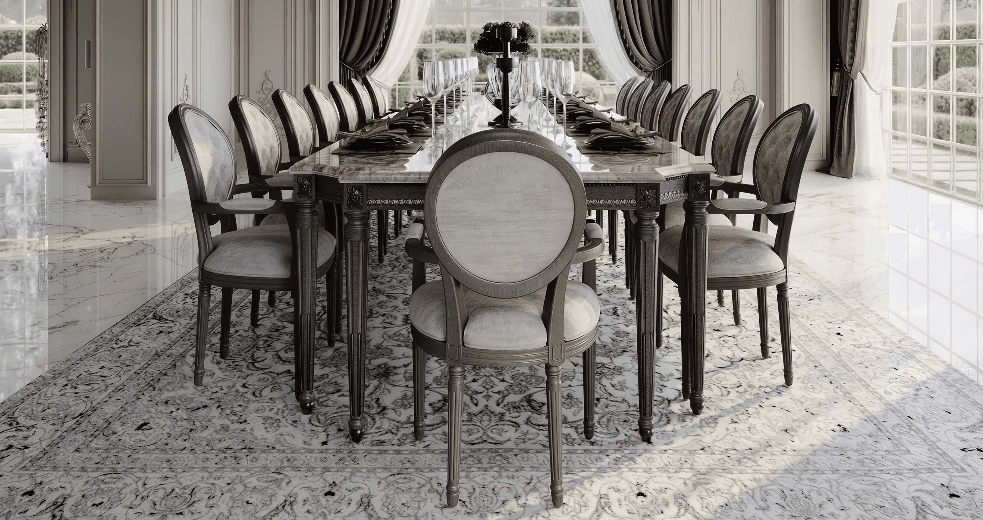 A sophisticated dining set comprising a large rectangular marble-top dining table and eight matching… — free FBX 3D model