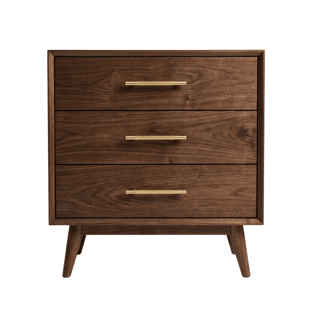 A dark walnut three-drawer chest with brass bar pulls and tapered legs, designed in a mid-century mo… — 3D model