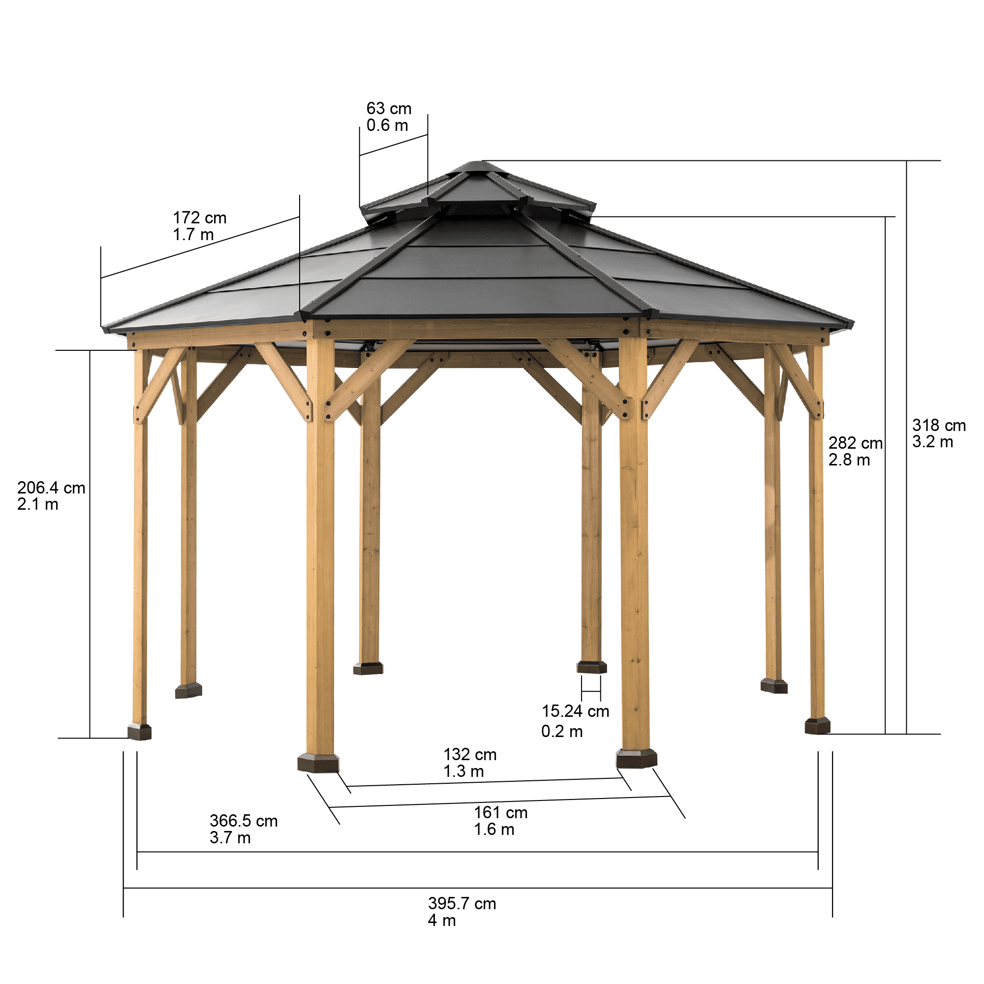 An octagonal gazebo featuring a natural wood frame with support beams and a multi-tiered, black meta… — 3D model