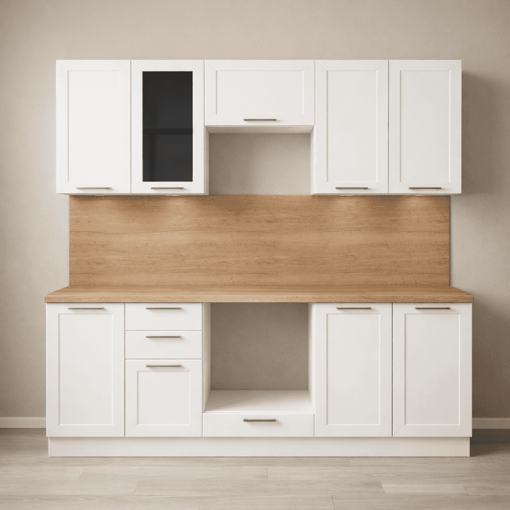 A set of white kitchen cabinets, featuring a combination of upper and lower units. The upper cabinet… — free OBJ 3D model