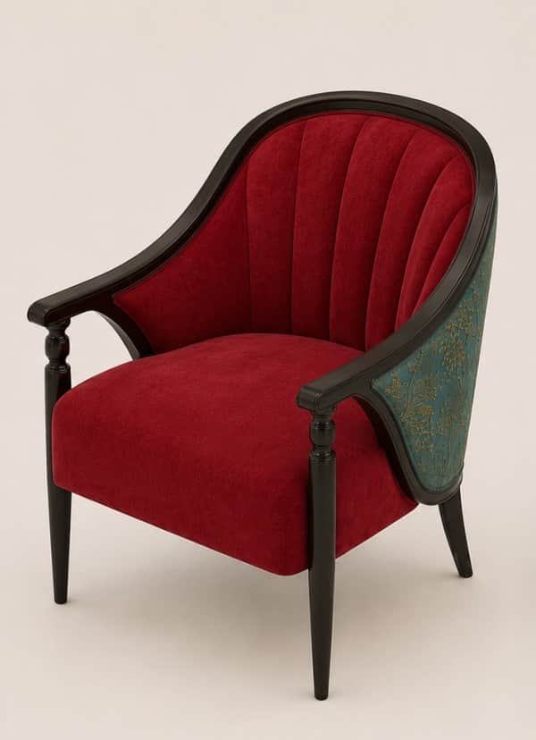 An elegant armchair featuring a curved barrel-shaped back. The interior upholstery is a deep red, po… — 3D model