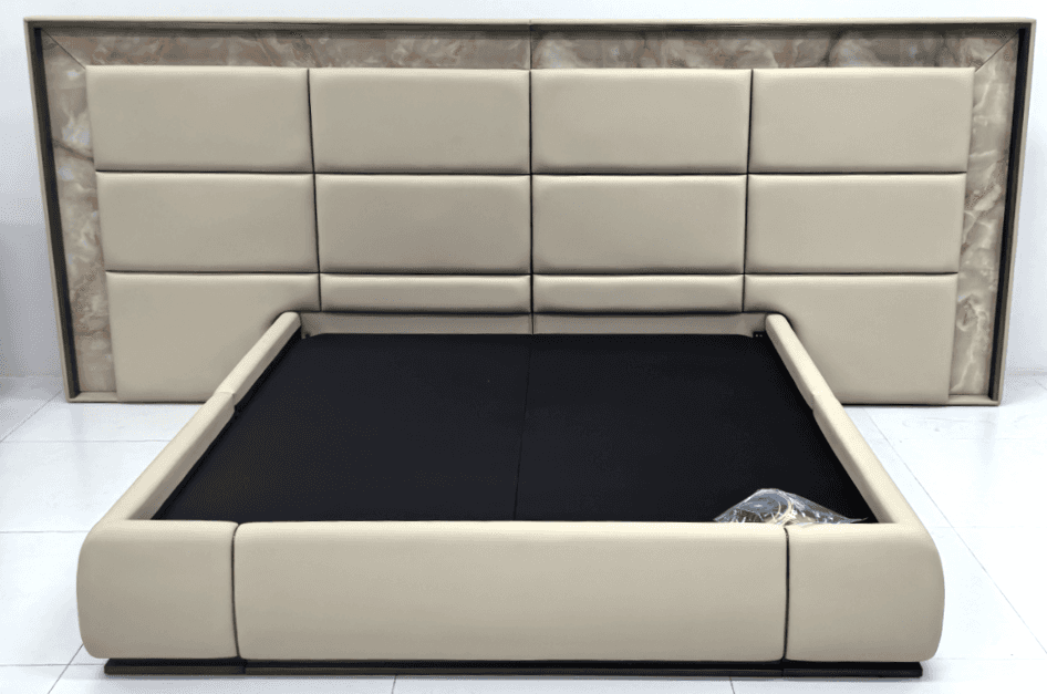 A modern platform bed featuring a generously padded, grid-patterned headboard integrated into a crea… — free SKP 3D model