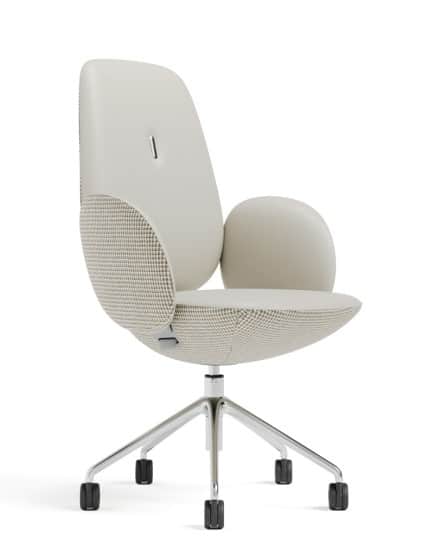 A modern swivel office chair featuring a contoured backrest and seat, upholstered in two distinct ma… — free BLEND 3D model