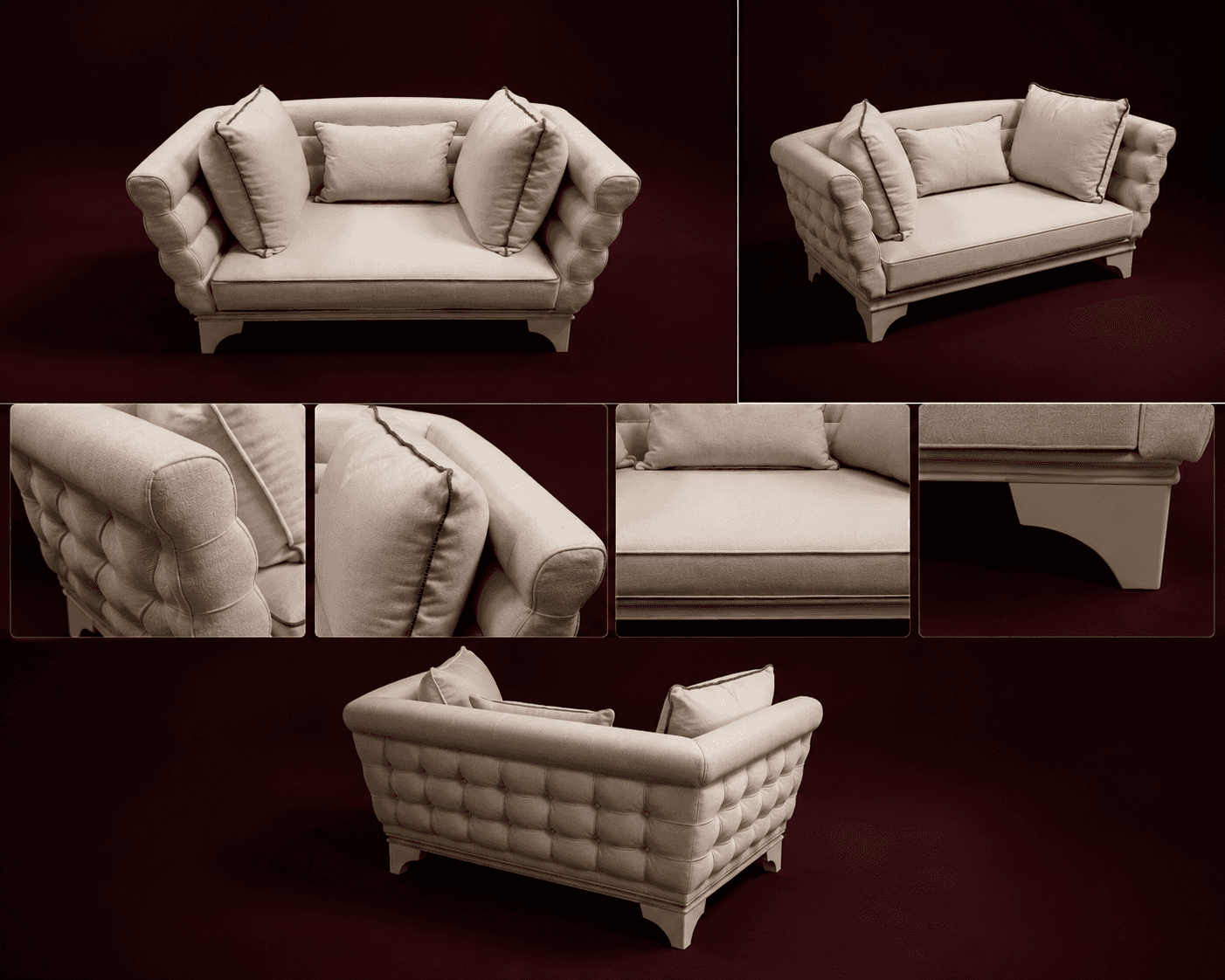 A compact upholstered loveseat featuring deep tufting on the exterior back and arms. It is covered i… — 3D model