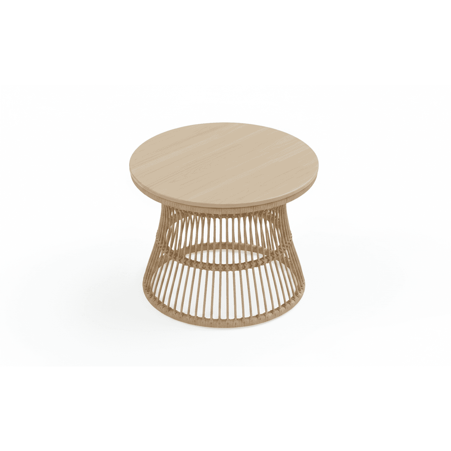 A low-profile, round accent table featuring a smooth, light-toned wooden top and a distinctive conic… — 3D model