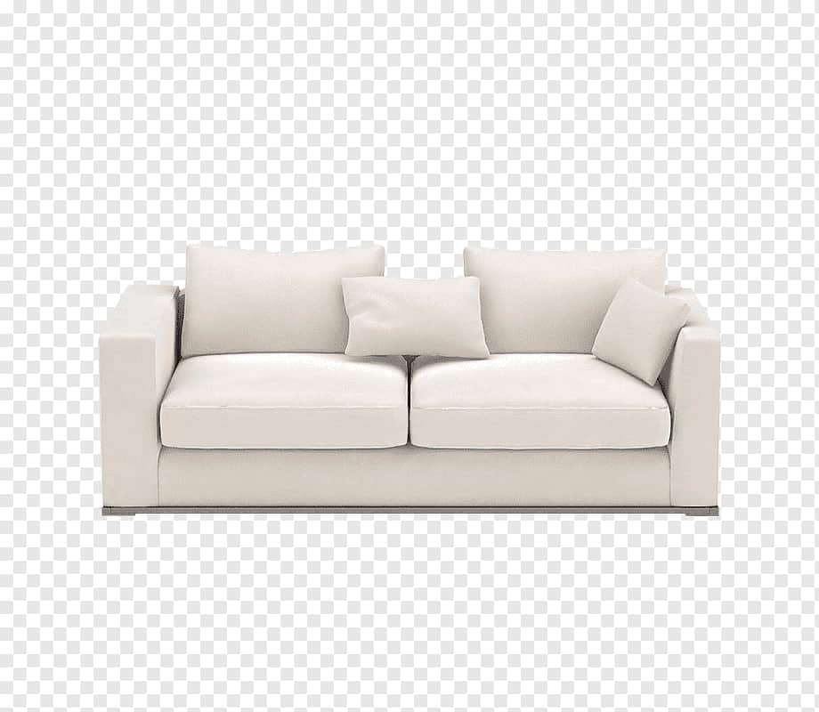 A modern two-seater sofa upholstered in light fabric, featuring a rectangular frame, square arms, lo… — 3D model