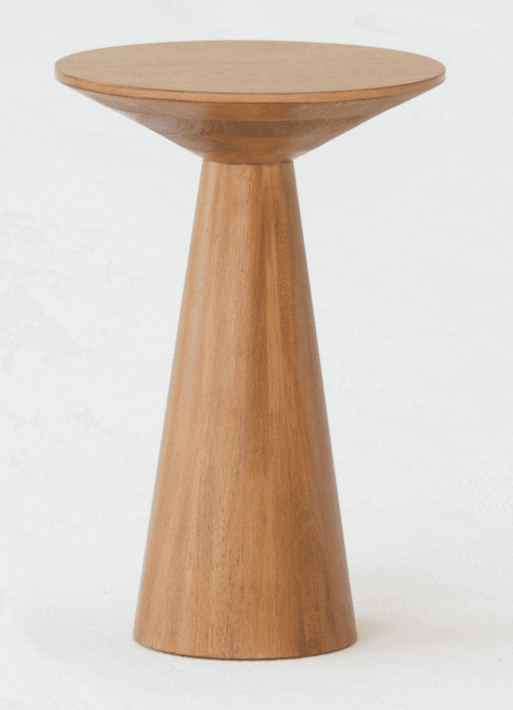 A modern side table with a conical base that flares out to a rounded, disc-shaped top. The design is… — 3D model