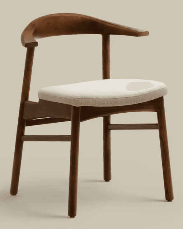 A modern dining armchair featuring a solid dark wood frame and a padded, light-colored fabric seat.… — 3D model