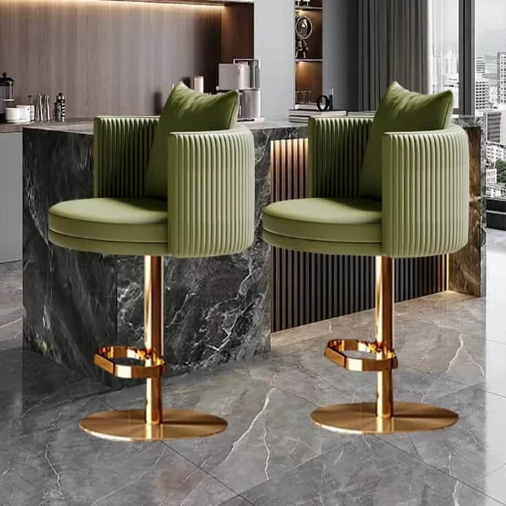 A modern swivel bar stool featuring a channel-tufted green upholstered seat and backrest, supported… — 3D model