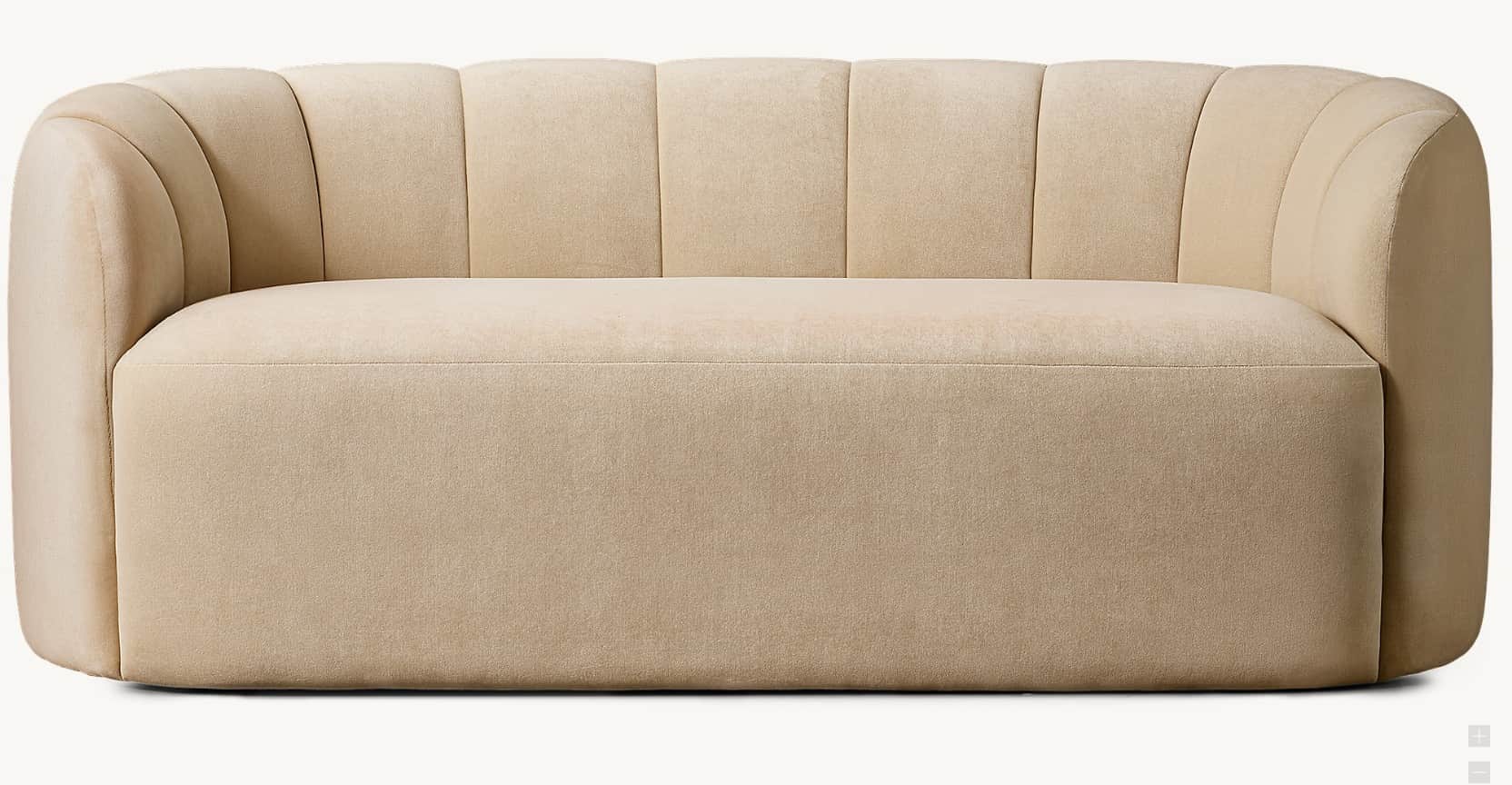A cream-colored upholstered loveseat featuring a channel-tufted backrest, integrated curved arms, an… — 3D model