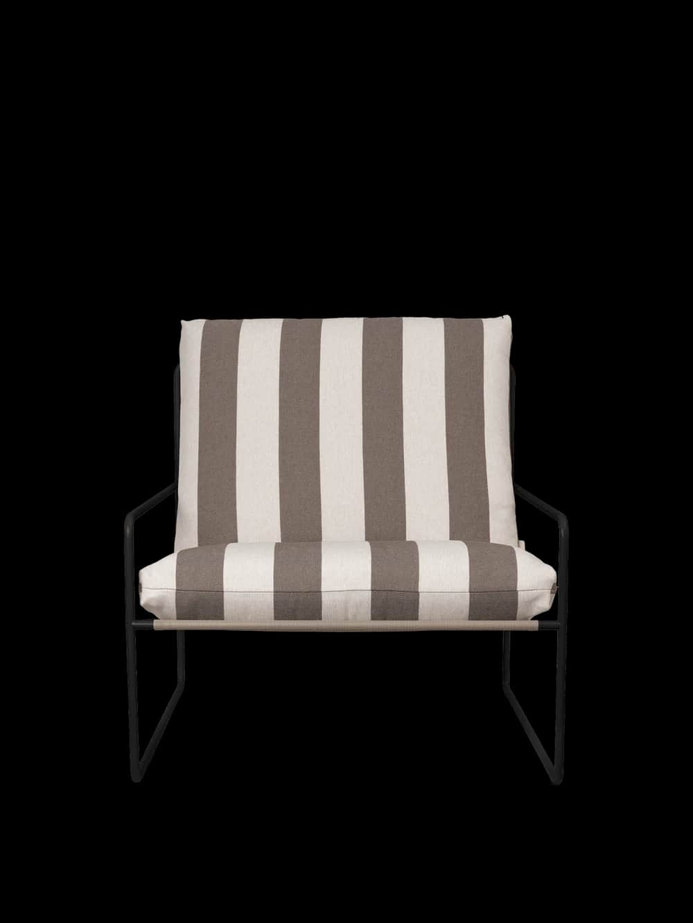 A modern lounge chair featuring a minimalist black metal frame and thick, striped fabric cushions in… — 3D model