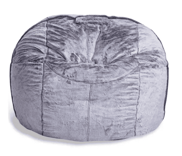 A round, amorphous bean bag chair upholstered in a grey, mottled faux fur fabric, featuring visible… — 3D model