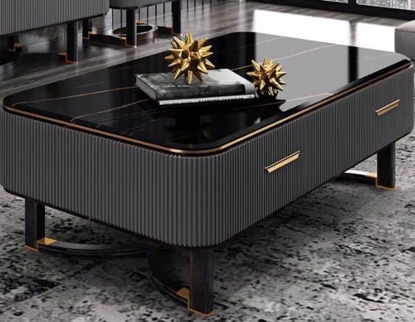 A rectangular coffee table featuring a polished black marble top with delicate gold veining. The bod… — 3D model