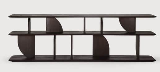 A contemporary three-tiered bookshelf made of dark-stained wood, featuring a long, low profile with… — 3D model