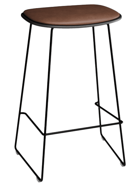 A modern bar stool featuring a brown upholstered seat with a subtly rounded square shape, supported… — 3D model