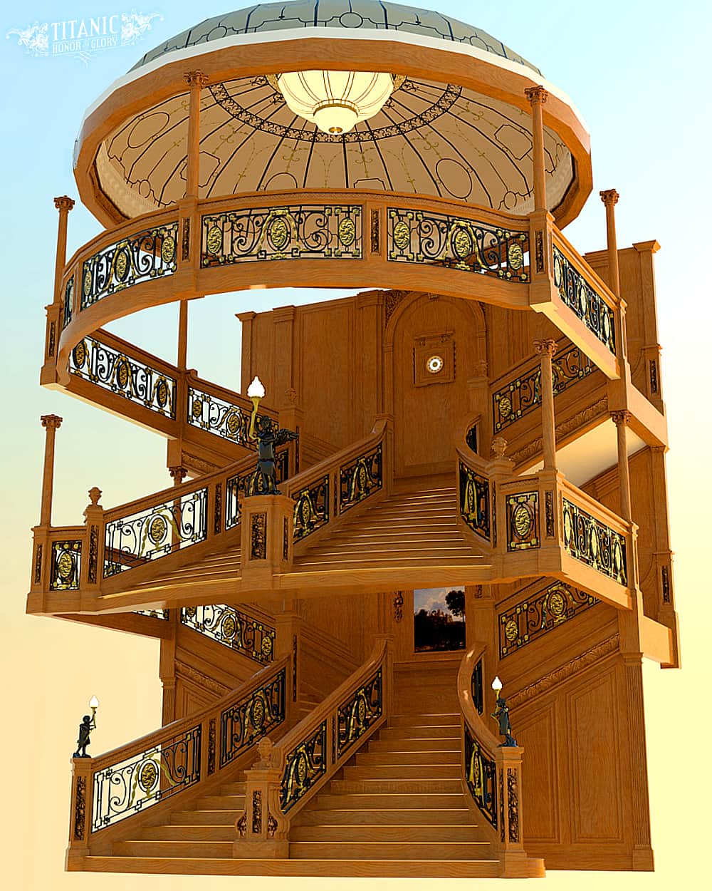A grand, multi-level wooden staircase with ornate railings, a central dome with a chandelier, and de… — 3D model