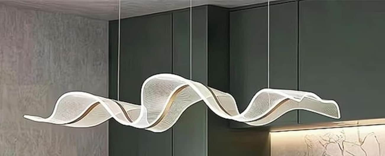 A long, linear suspension light characterized by a flowing, wavy ribbon-like form. It features integ… — 3D model