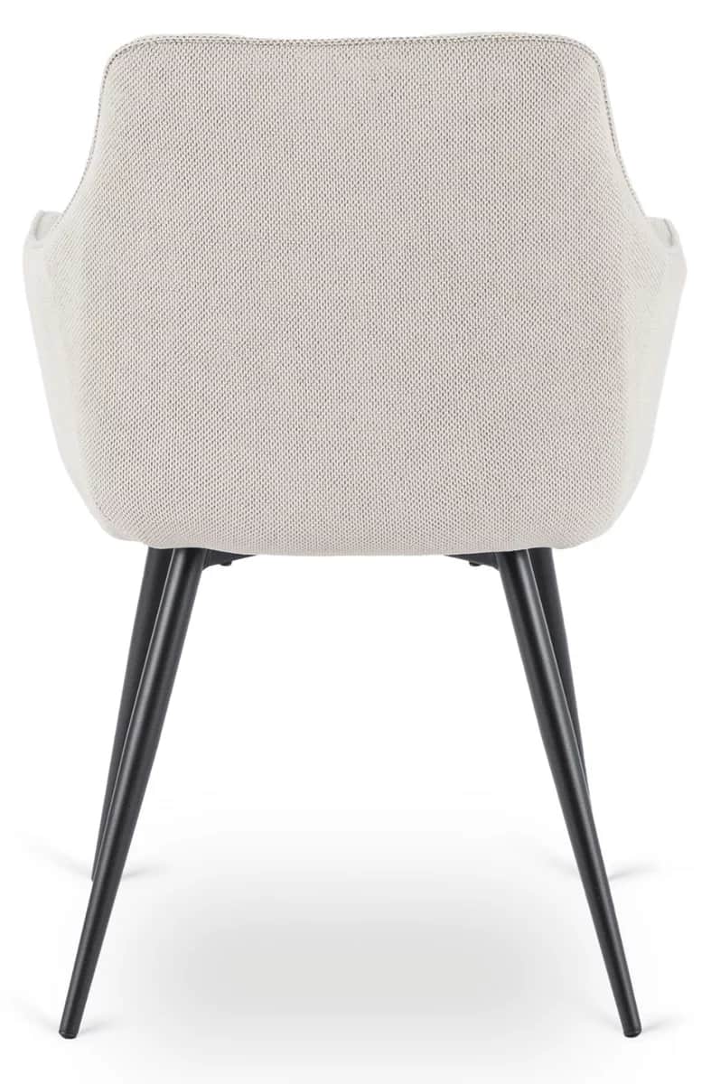 A contemporary dining chair featuring a light-colored, textured fabric upholstery and slender black… — 3D model