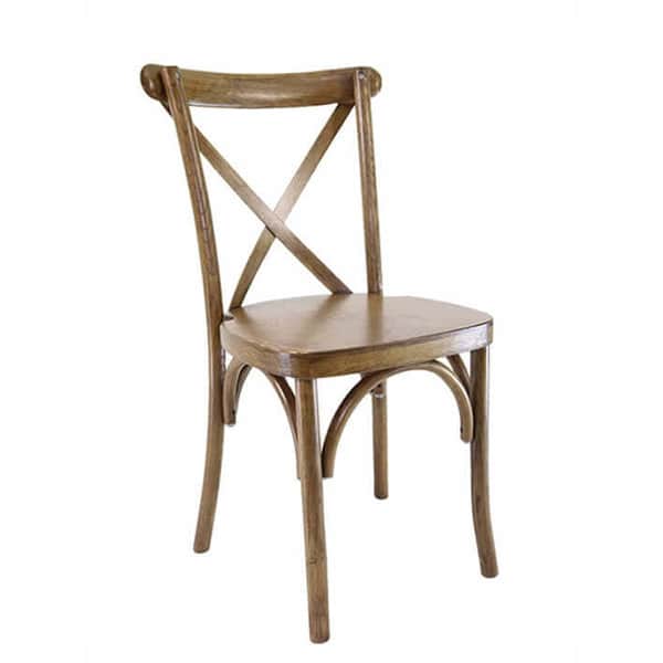 A wooden dining chair featuring a distinctive X-shaped backrest, a solid square seat, and gracefully… — 3D model