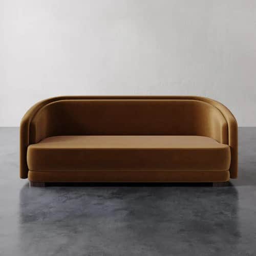 A contemporary loveseat featuring a continuous, rounded backrest and integrated arms upholstered in… — 3D model