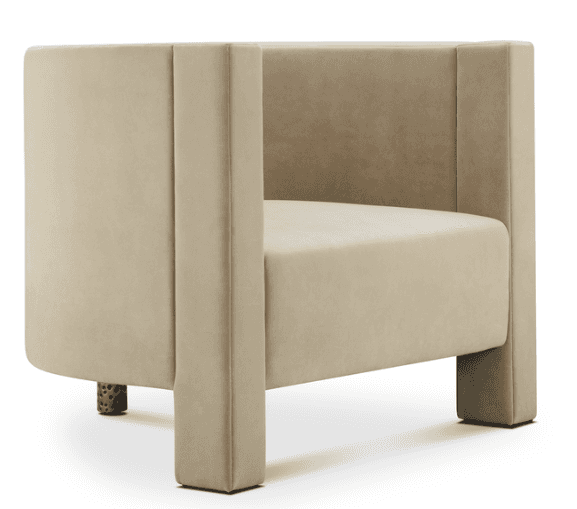 A contemporary armchair with a boxy silhouette and a plush velvet upholstery in a neutral beige tone… — 3D model