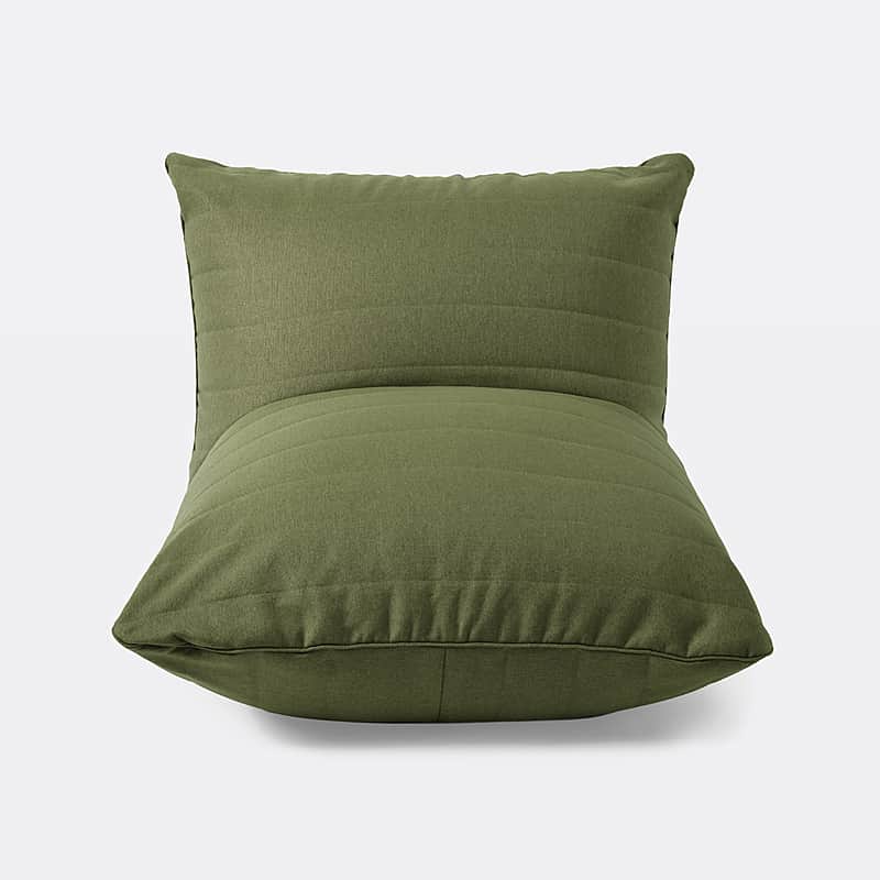 A low-profile, floor-sitting armchair upholstered in a textured olive green fabric. The chair featur… — free OBJ 3D model