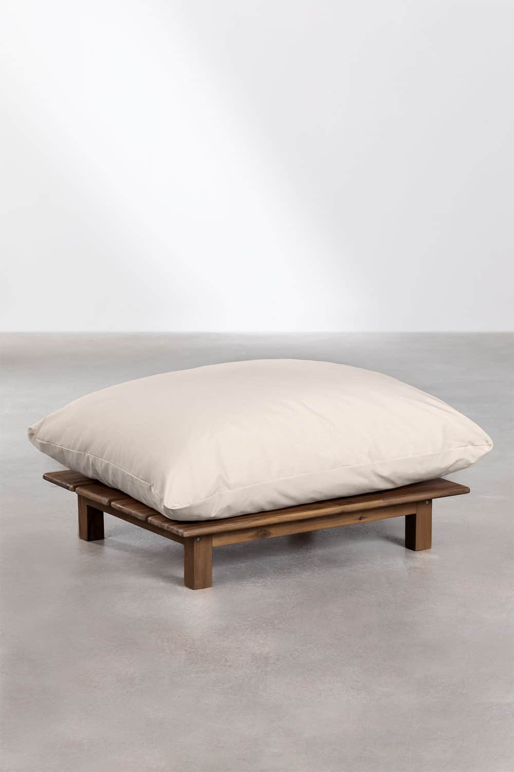 A low-profile ottoman with a wooden slatted base and a large, plush, cream-colored cushion. The base… — free OBJ 3D model