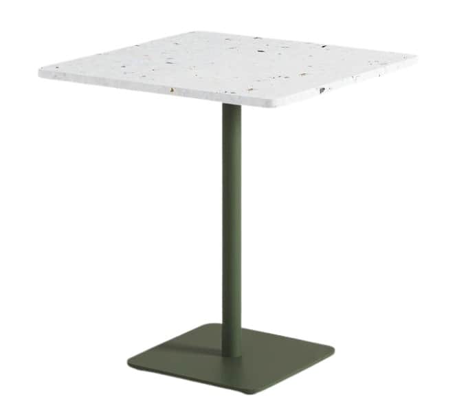 A modern square table featuring a white terrazzo tabletop with multi-colored flecks, supported by a… — 3D model