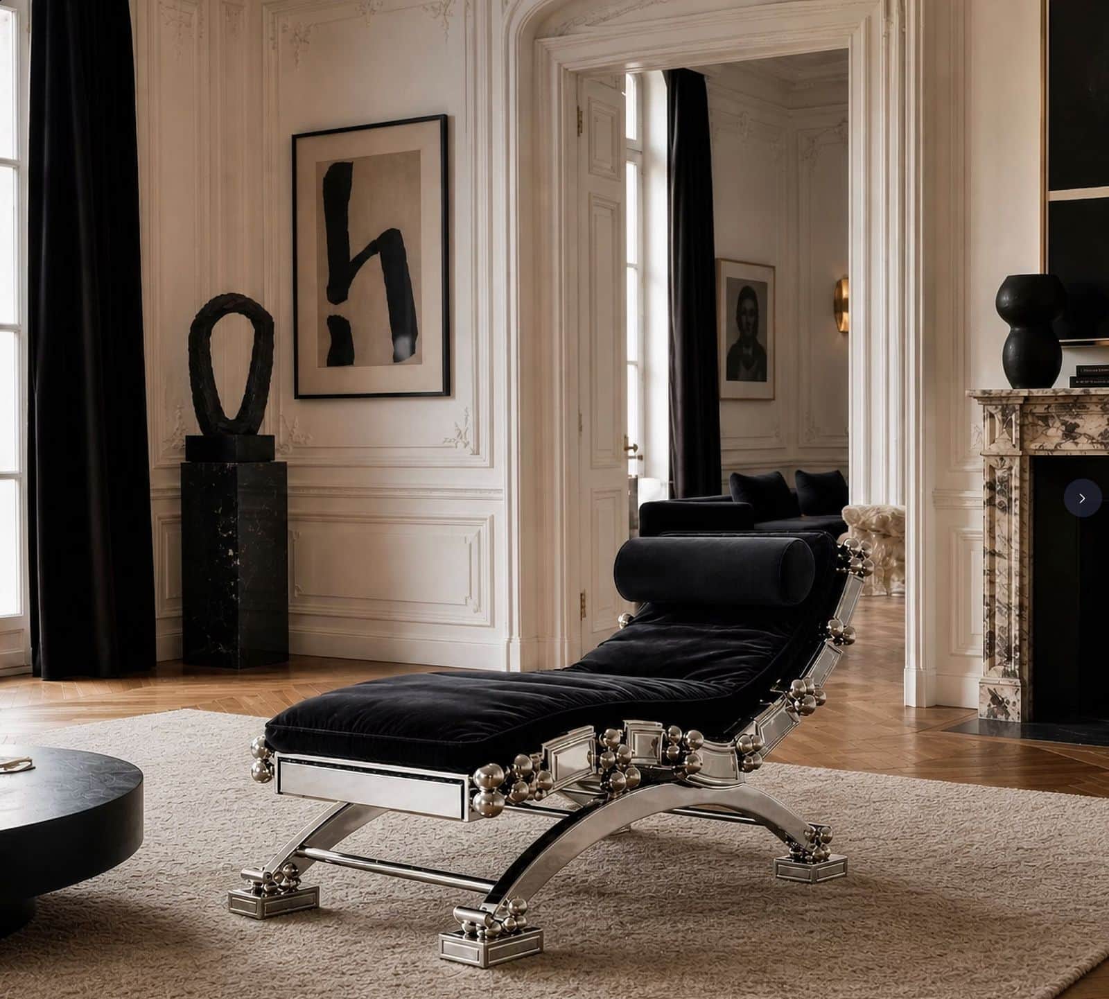 A luxurious and modern chaise lounge featuring a highly polished chrome or silver-toned metal frame… — 3D model