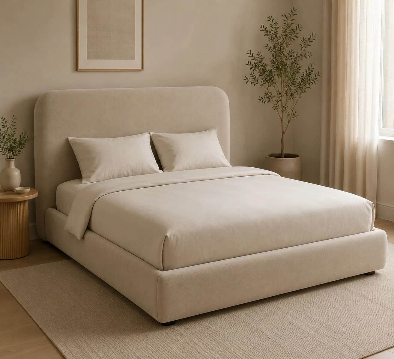 A contemporary upholstered platform bed featuring a clean, minimalist design. The bed includes an in… — 3D model