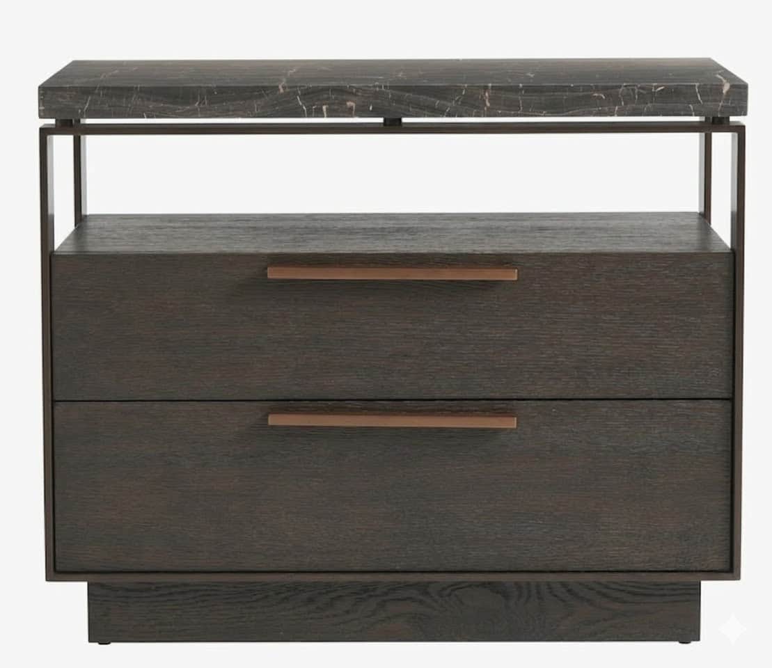 A modern two-drawer nightstand with a dark wood finish and a marble top. The nightstand features int… — free BLEND 3D model