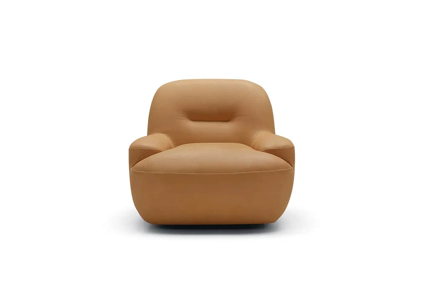 A single, tan-colored, plush armchair featuring a contemporary design with soft, rounded edges and a… — free OBJ 3D model