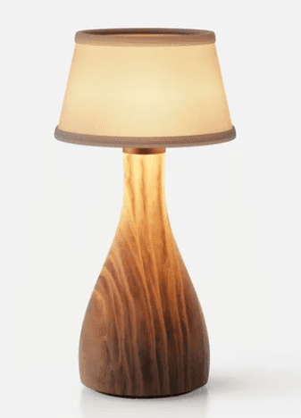 A table lamp featuring a smooth, organically shaped wooden base with visible grain, topped with a co… — free OBJ 3D model