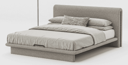 A modern upholstered bed frame with a low profile and a curved headboard. The bed is complete with b… — 3D model