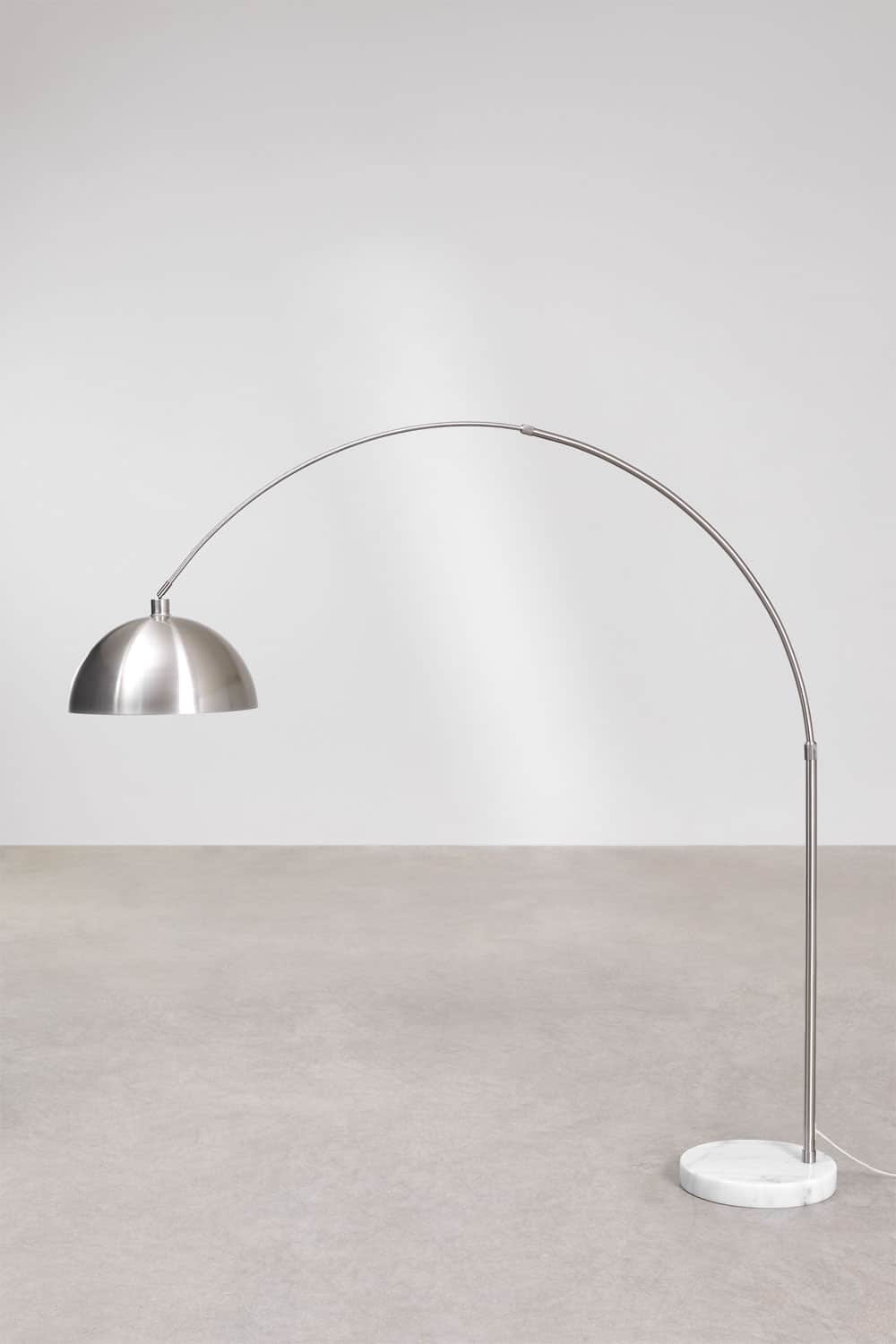 A modern arc floor lamp featuring a brushed stainless steel finish and a heavy white marble base. Th… — 3D model