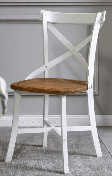 A white-framed dining chair with a natural wood seat and a distinctive criss-cross backrest. The fra… — 3D model