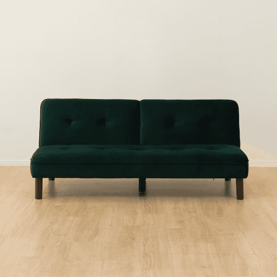 A dark emerald green velvet futon sofa bed with button tufting on the backrest and seat, supported b… — free STL 3D model