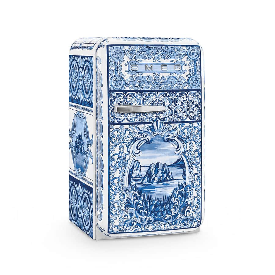 A freestanding refrigerator with a white base and a blue and white decorative pattern on the exterio… — free OBJ 3D model