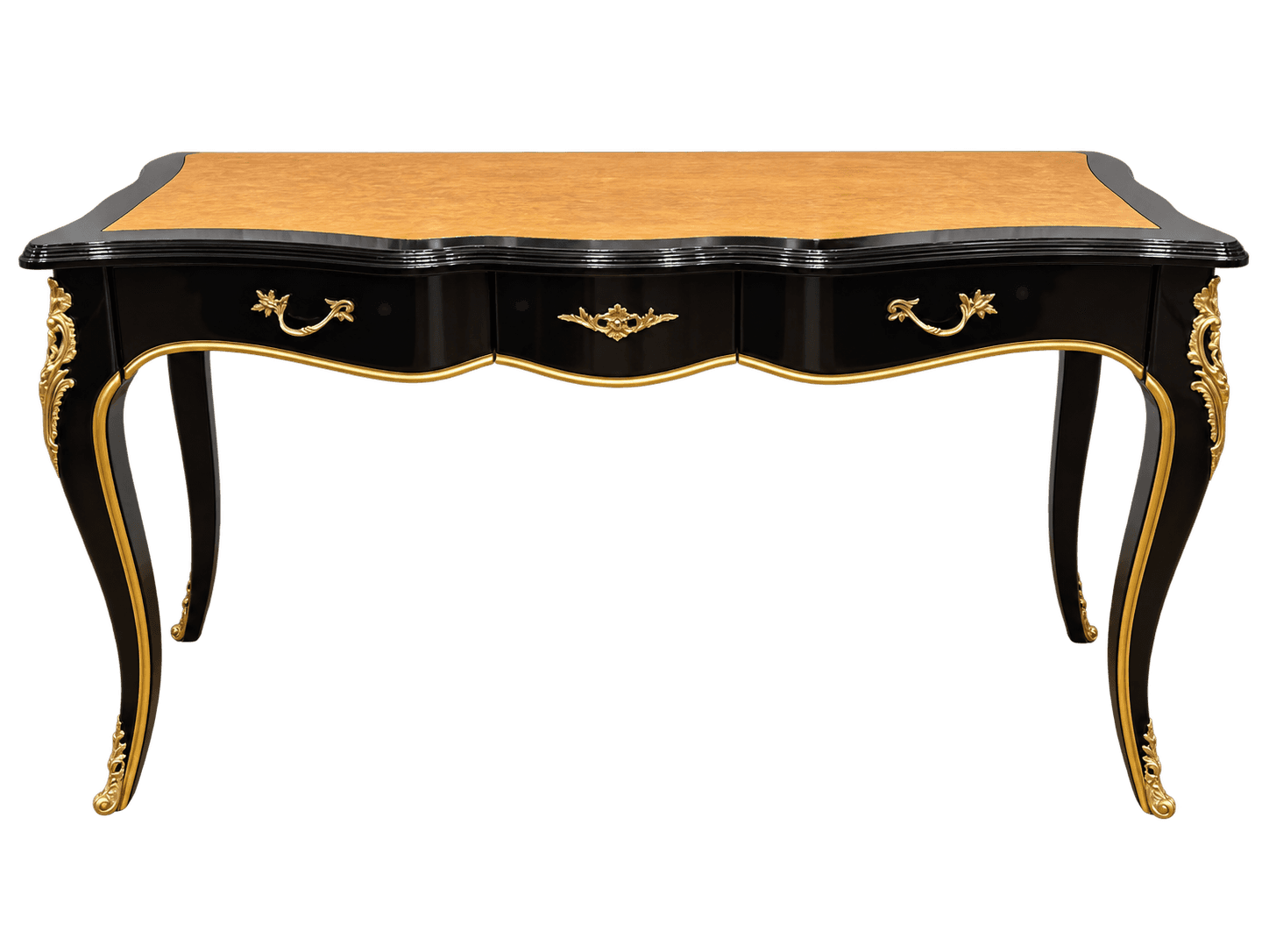 A highly ornate black lacquered writing desk featuring a light wood burl veneer top and extensive gi… — 3D model