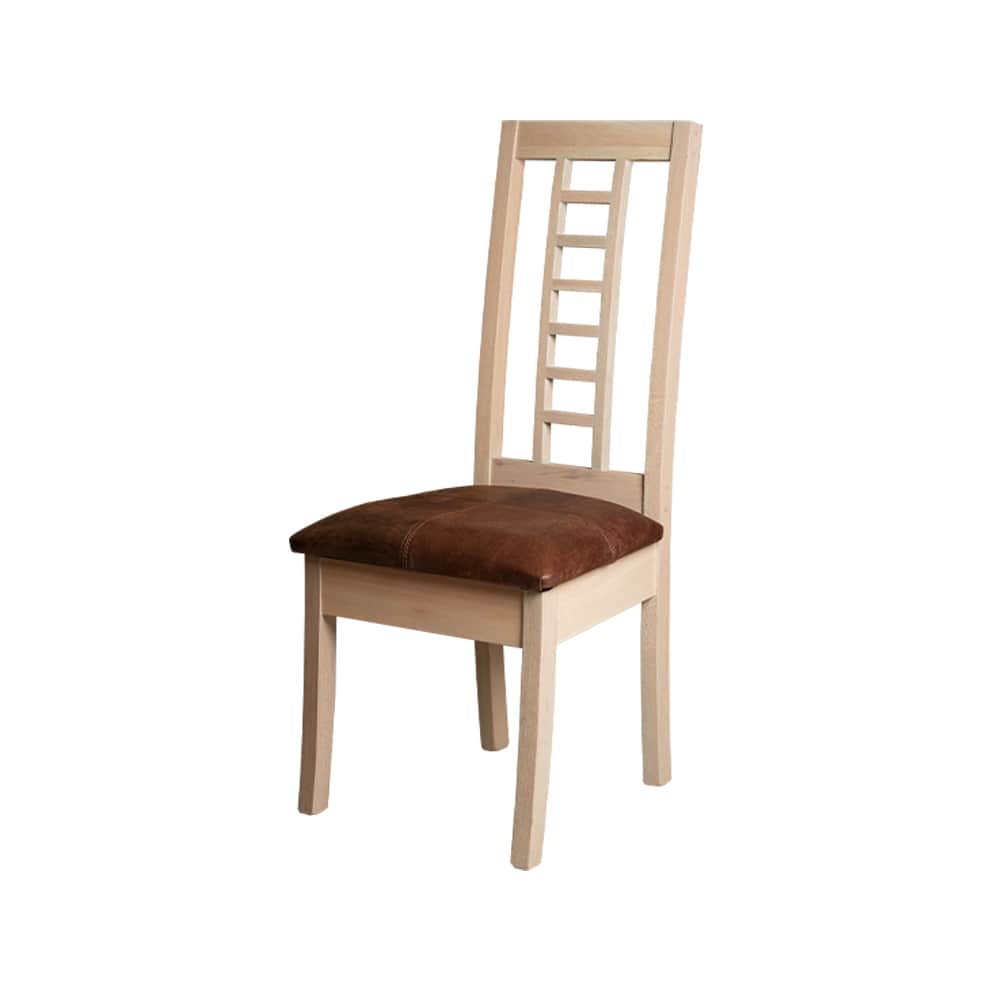 A light-toned wooden dining chair featuring a distinctive ladder-back design and a dark brown, distr… — 3D model