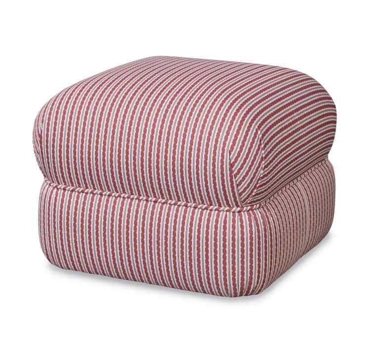 A rectangular ottoman upholstered in a red, white, and gray striped fabric, featuring soft, rounded… — 3D model