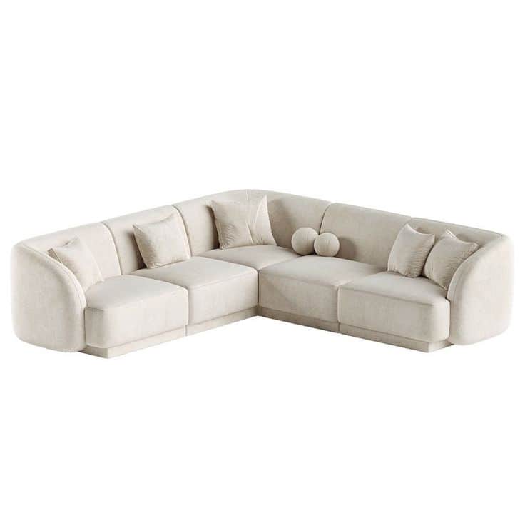 A large, contemporary L-shaped sectional sofa upholstered in light-colored fabric, featuring a modul… — 3D model