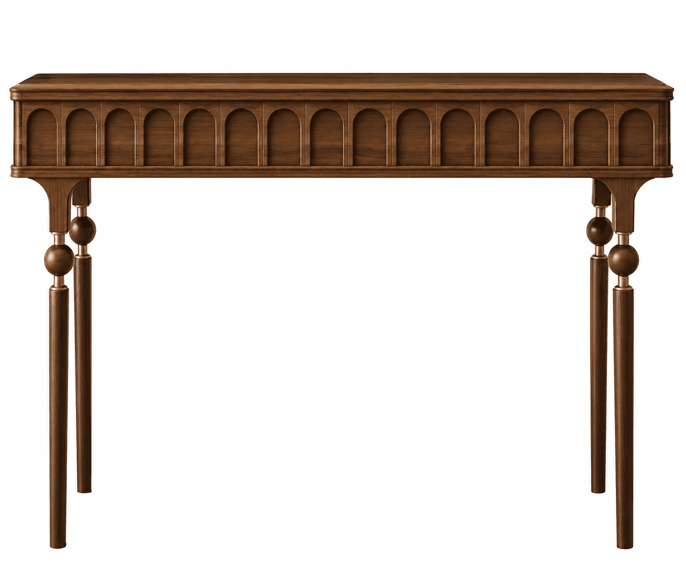 A long, narrow console table crafted from dark wood, featuring a prominent apron with a series of re… — 3D model