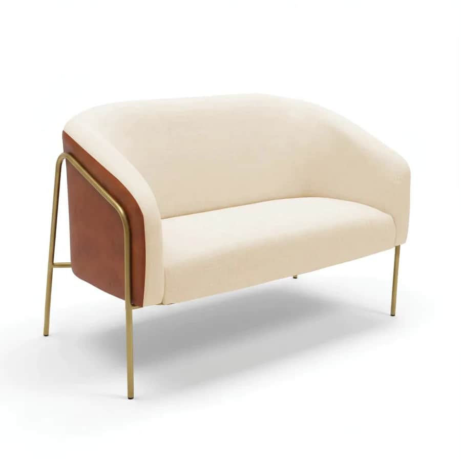 A modern upholstered loveseat featuring a curved back and armrests, light cream textured fabric, and… — free GLB 3D model