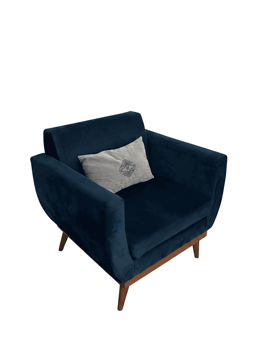 A modern dark blue velvet accent armchair with a boxy silhouette, track arms, and tapered wooden leg… — 3D model